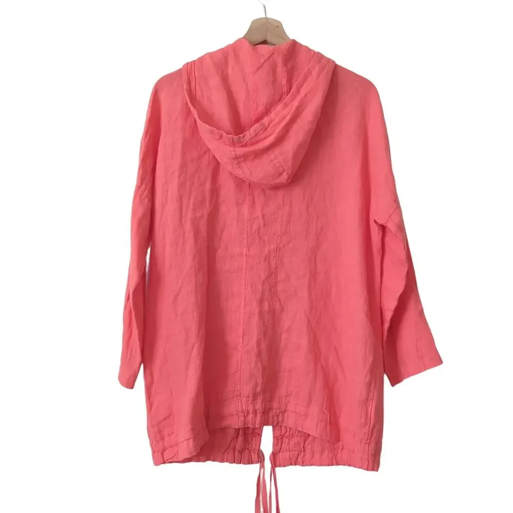 Emporium Made in‎ Italy Jacket Womens OS S-L 100% Linen Pink Hooded Zip Up